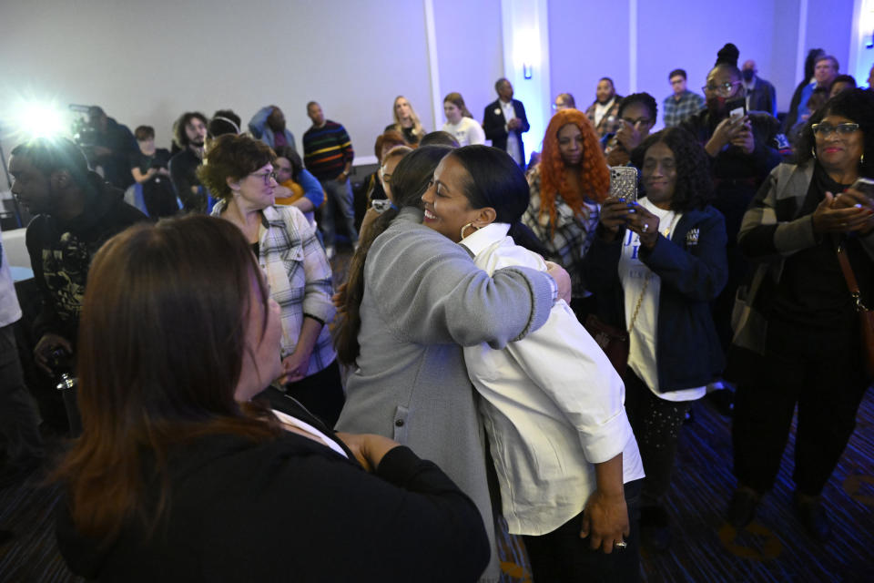 U.S. Rep. Jahana Hayes, D-Conn., is embraced as she arrives at her election-night event in Waterbury, Conn., Tuesday, Nov. 8, 2022. Hayes is running for re-election in the 5th Congressional District. (AP Photo/Jessica Hill)