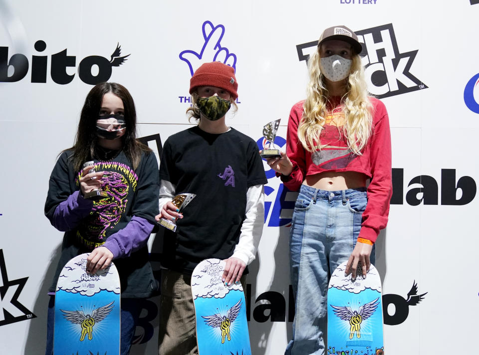 <p>Winners of the Women's Park event pose with trophies during the Skateboard GB x Habito National Championships at Graystone Action Sports, Manchester. Picture date: Sunday April 11, 2021.</p>
