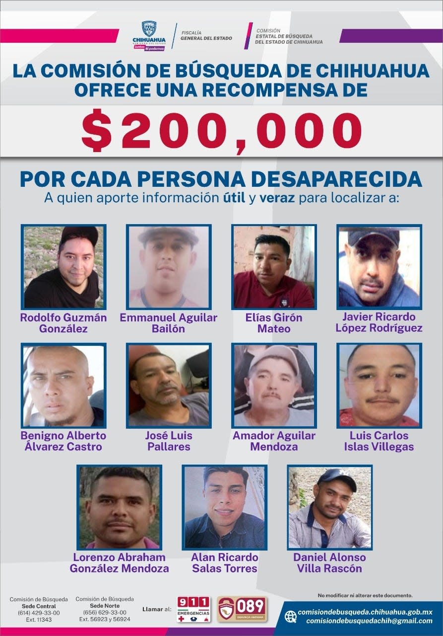 A missing-persons poster shows 11 migrants who disappeared in the region of Coyame del Sotol, in eastern Chihuahua near the Ojinaga-Presidio border, in September 2021. A reward of 200,000 pesos was offered for information leading to the location of each of the missing men.