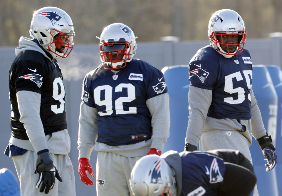 James Harrison (92) at practice with the Patriots this week. (AP)