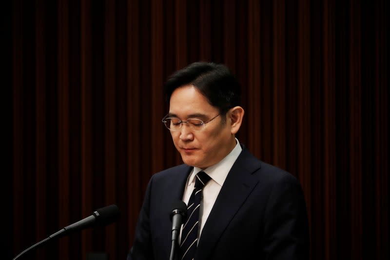 Samsung Electronics Vice Chairman, Jay Y. Lee, speaks during a news conference at a company's office building in Seoul