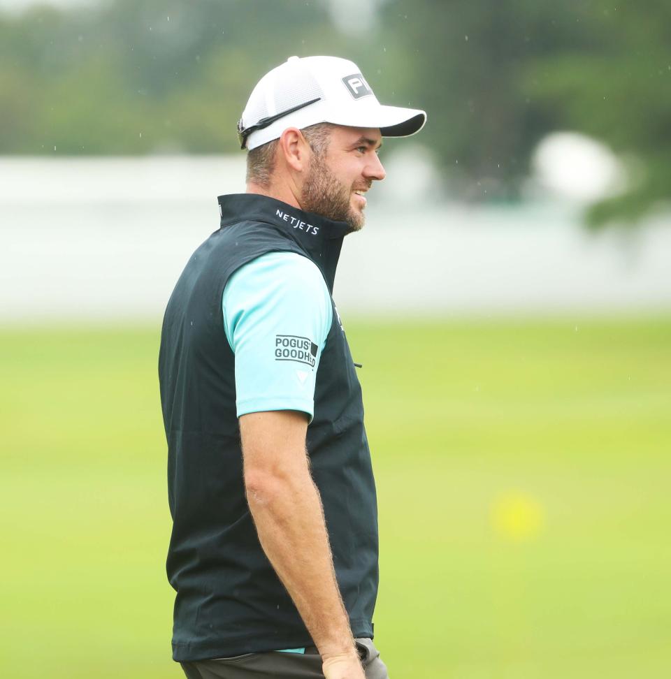 Canadian professional golfer Corey Conners on the driving range before competing in the FedEx St. Jude Championship on August 8, 2023 at TPC Southwind in Memphis, Tenn.
