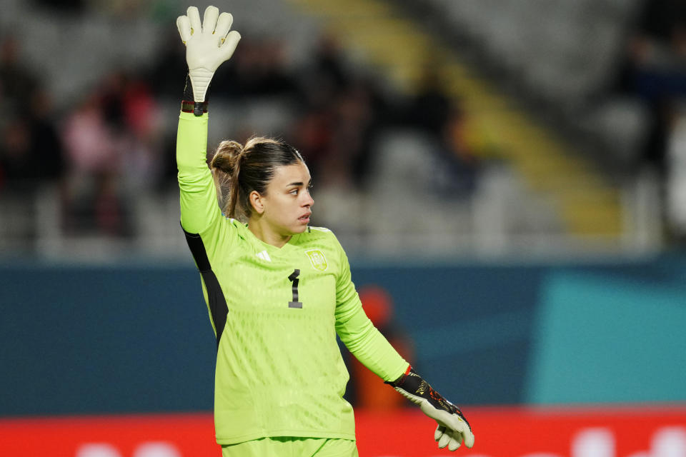 Spain's goalkeeper Misa Maria Rodriguez gestures during the Women's World Cup Group C soccer match between Spain and Zambia at Eden Park in Auckland, New Zealand, Wednesday, July 26, 2023. (AP Photo/Abbie Parr)
