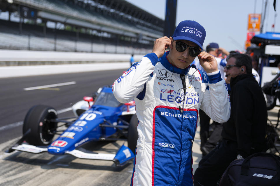 Alex Palou, of Spain, prepares to practice for the Indianapolis 500 auto race at Indianapolis Motor Speedway in Indianapolis, Wednesday, May 17, 2023. (AP Photo/Michael Conroy)