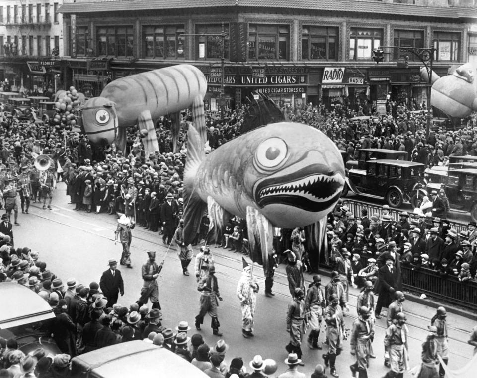 The 35-foot Fish Balloon and 60-foot Tiger Balloon as the parade neared its end on Broadway