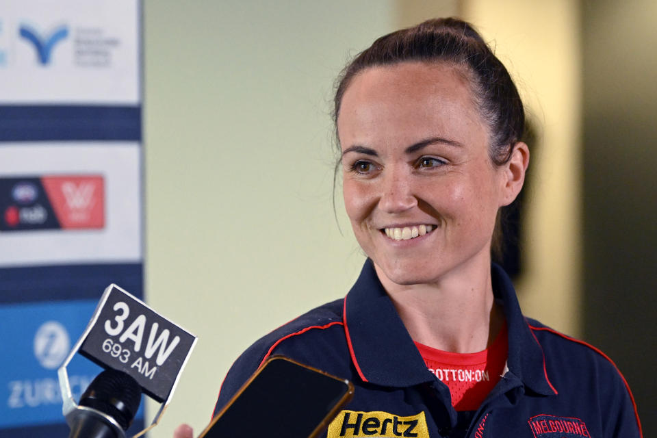 MELBOURNE, AUSTRALIA - NOVEMBER 21: Daisy Pearce of the Demons speaks to media during a Melbourne Demons AFLW media opportunity at AAMI Park on November 21, 2022 in Melbourne, Australia. (Photo by Morgan Hancock/Getty Images)
