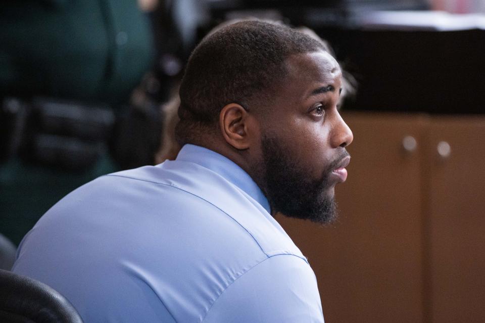 Larry Darnell Young Jr., who is accused of first degree murder in a 2021 shooting in West Palm Beach, is seen during a pre-trial motion hearing in his death penalty case at the Palm Beach County Courthouse on Friday, March 3, 2023, in downtown West Palm Beach, FL.