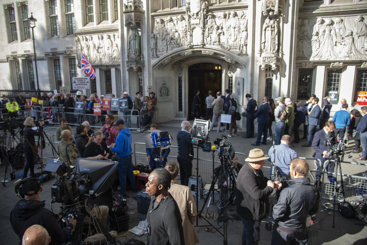 On day one of the hearing media and protesters gather outside the Supreme Court in London, UK on September 17, 2019. Supreme Court judges will decide if Prime Minister Boris Johnson acted unlawfully in advising the Queen to prorogue parliament. (Photo by Claire Doherty/Sipa USA)