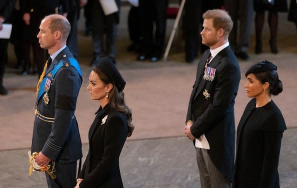 <div class="inline-image__caption"><p>Prince William, Prince of Wales, Catherine, Princess of Wales, Harry, Duke of Sussex and Meghan, Duchess of Sussex arrive as the coffin bearing the body of Her Majesty Queen Elizabeth II completes its Journey from Buckingham Palace to Westminster Hall on Sept. 14 in London.</p></div> <div class="inline-image__credit">Darren Fletcher/WPA Pool/Getty</div>