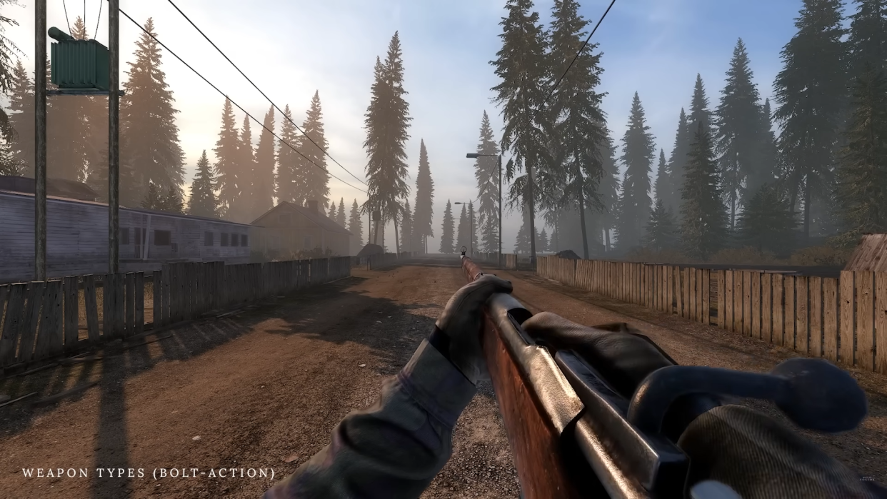  Road to Vostok in-development screenshot of a first person view, bolt action rifle, staring down a muddy road. 