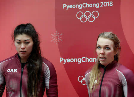 Bobsleigh - Pyeongchang 2018 Winter Olympics - Women's Finals - Olympic Sliding Centre - Pyeongchang, South Korea - February 21, 2018 - Olympic athletes from Russia Nadezhda Sergeeva (R) and Anastasia Kocherzhova react. REUTERS/Arnd Wiegmann