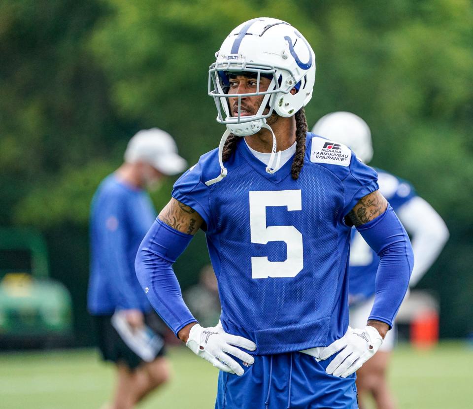 The Colts Stephon Gilmore (5) runs drills during the Colts mandatory mini training camp on Tuesday, May 7, 2022, at the Indiana Farm Bureau Football Center in Indianapolis. 