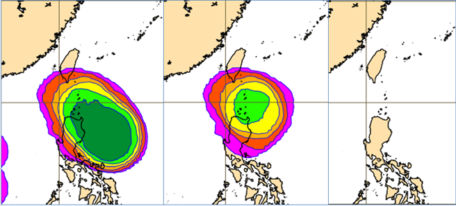 最新(11日20時)歐洲(ECMWF)系集模式，模擬週四(14日20時)「熱帶擾動」在菲律賓東北方有60%的發展機率(左圖)，週五(15日20時)進入巴士海峽已降低為50%(中圖)，週六(16日20時)則已消散(右圖)。（翻攝自「三立準氣象· 老大洩天機」）

