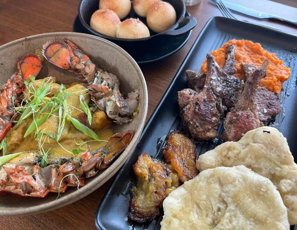 Clockwise from left: Cashew curry served with lobster, coco bread, jerk goat and bara are on the menu at Okan in Old Town Bluffton. Lisa Wilson/lwilson@islandpacket.com
