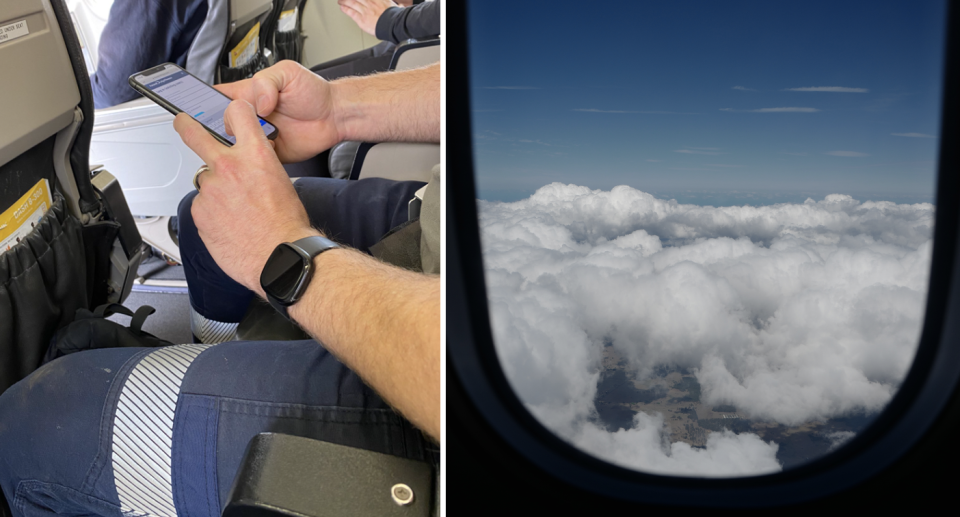 A man is seen using both armrests onboard a domestic flight, beside a stock image of a plane window. 