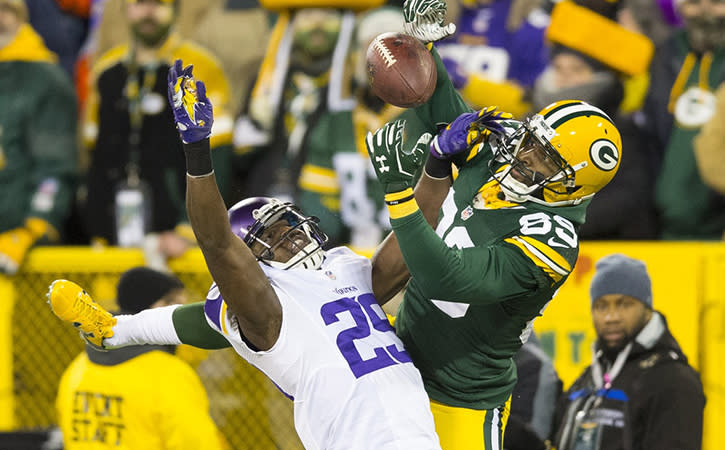 Jan 3, 2016; Green Bay, WI, USA; Minnesota Vikings cornerback Xavier Rhodes breaks up the pass intended for Green Bay Packers wide receiver James Jones during the second quarter at Lambeau Field.