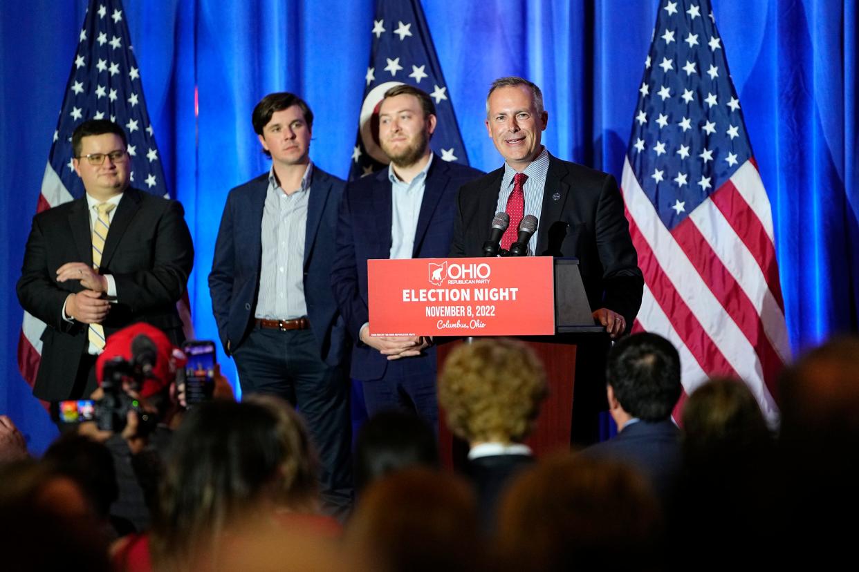 Nov 8, 2022; Columbus, Ohio, USA;  Ohio Treasurer Robert Sprague speaks alongside his campaign staff during an election night party for Republican candidates for statewide offices at the Renaissance Hotel in downtown Columbus. Mandatory Credit: Adam Cairns-The Columbus Dispatch