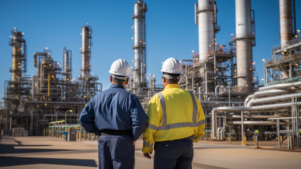 Workers in hard hats and safety gear processing oil and gas in a US refinery.