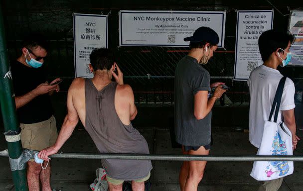 PHOTO: People wait in line to receive the Monkeypox vaccine before the opening of a new mass vaccination site at the Bushwick Education Campus in Brooklyn, New York, July 17, 2022. (Kena Betancur/AFP via Getty Images)