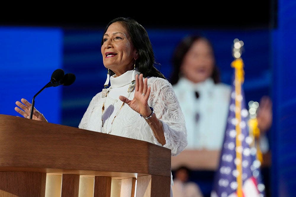 Sec. of the Interior Deb Haaland speaks during the final day of the Democratic National Convention at the United Center.