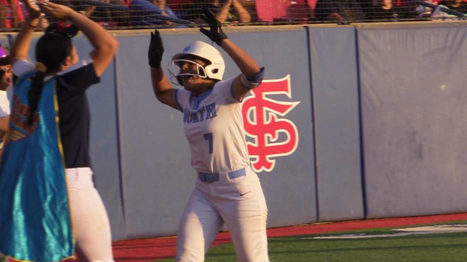 Naleya Bridges of Clovis North celebrates with City teammates after she had an inside-the-park home run at the City/County All-Star high school softball game at Margie Wright Diamond at Fresno State on Wednesday, June 21, 2023.