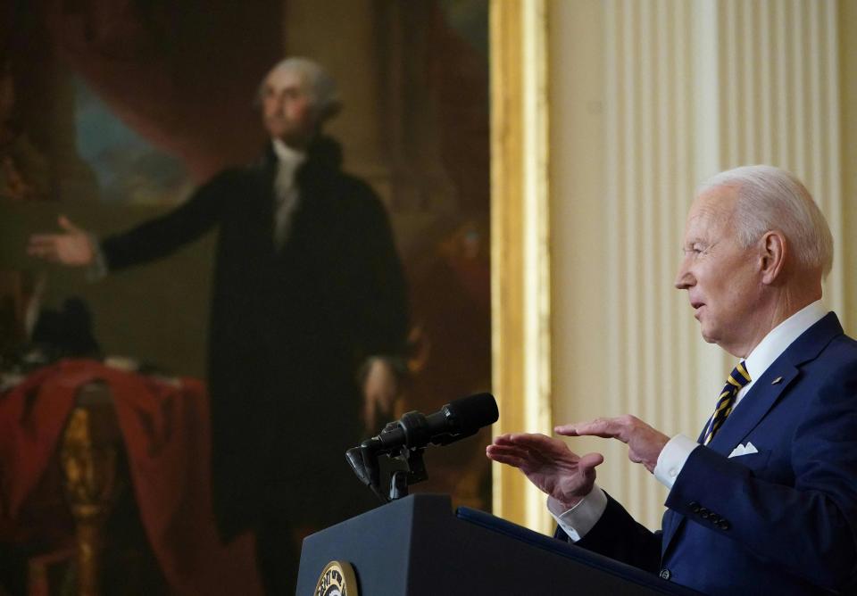 President Joe Biden addresses the nation on Jan. 19, 2022, on the eve of his first anniversary since his inauguration.