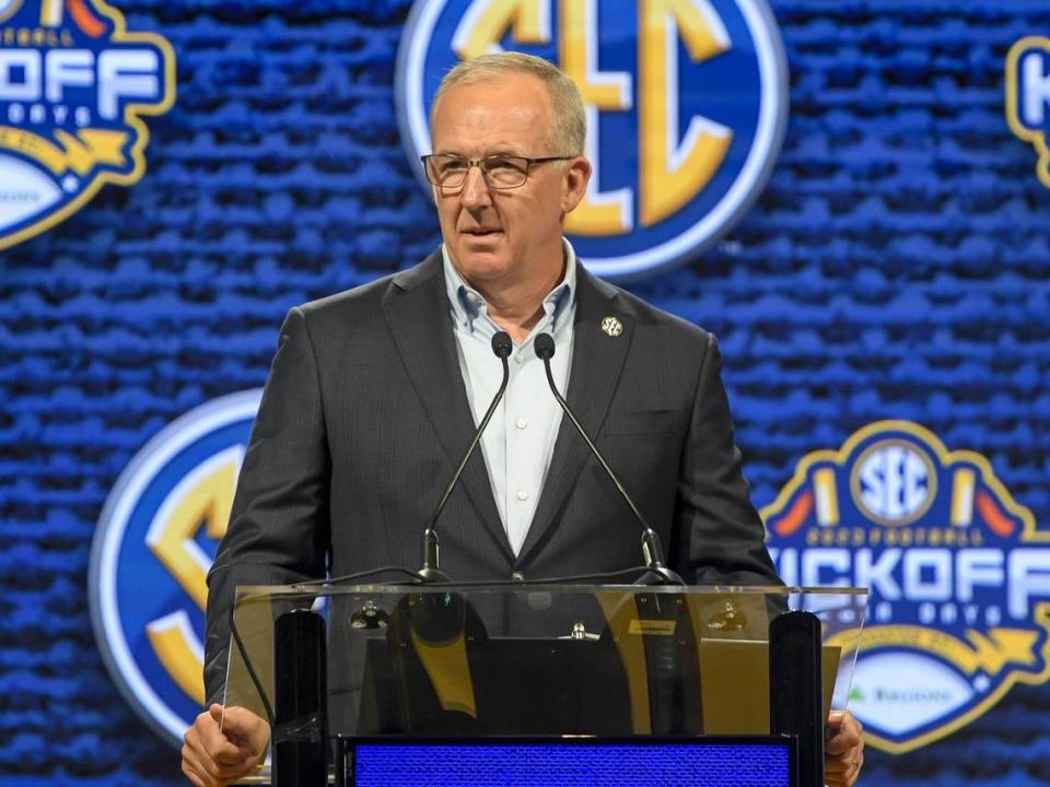 SEC Commissioner Greg Sankey speaks at SEC Football Media Days in Nashville on July 17. The league begins the final year of its television contract with CBS in 2023.