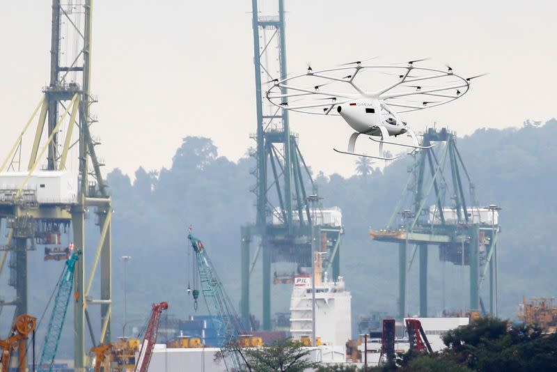 A Volocopter air taxi performs a demonstration in Singapore