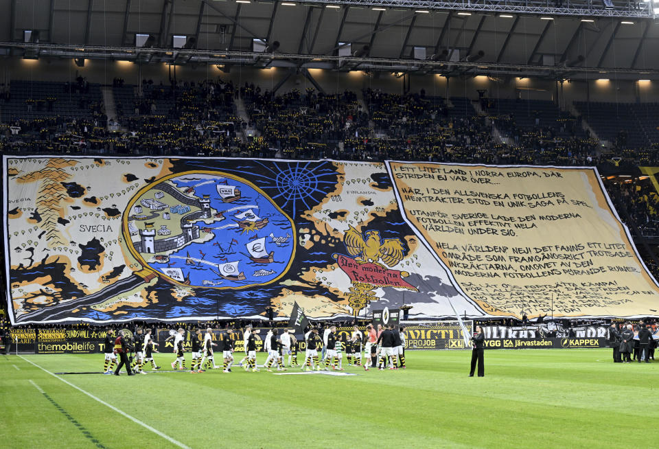 FILE - AIK's supporters hold a banner against VAR during the Allsvenskan soccer match between AIK and Västerås SF FK at the Friends Arena in Stockholm, April 1, 2024. Swedish soccer has adopted an isolationist stance in eschewing technology to retain a pure version of the beautiful game. Sweden is the only one of Europe’s top-30 ranked leagues yet to have rolled out VAR in its domestic competitions. (Jonas Ekströmer/TT News Agency via AP, File)