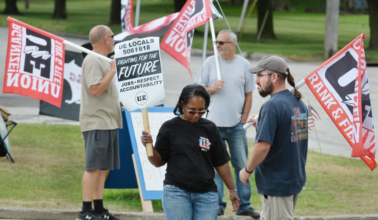 Members of the United Electrical, Radio and Machine Workers of America, walked the picket line ouside Wabec Corp. on July 12.