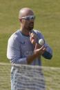 England's Jack Leach prepares to bowl during a training session, in Rawalpindi, Pakistan, Monday, Nov. 28, 2022. England's team arrived in Pakistan to play three-test cricket matches starting from Dec. 1. (AP Photo/Anjum Naveed)