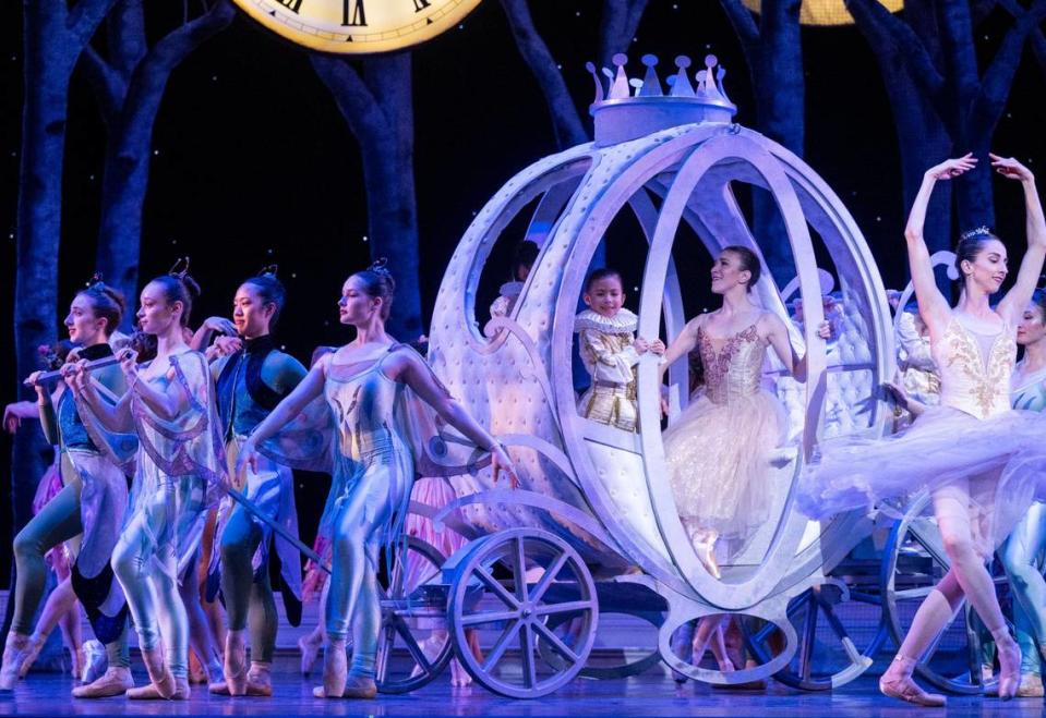 Cinderella (Michelle Katcher) rides in carriage to the ball in a Sacramento Ballet dress rehearsal for Cinderella on Thursday. The ballet runs through Sunday at the SAFE Credit Union Performing Arts Center. Lezlie Sterling/lsterling@sacbee.com