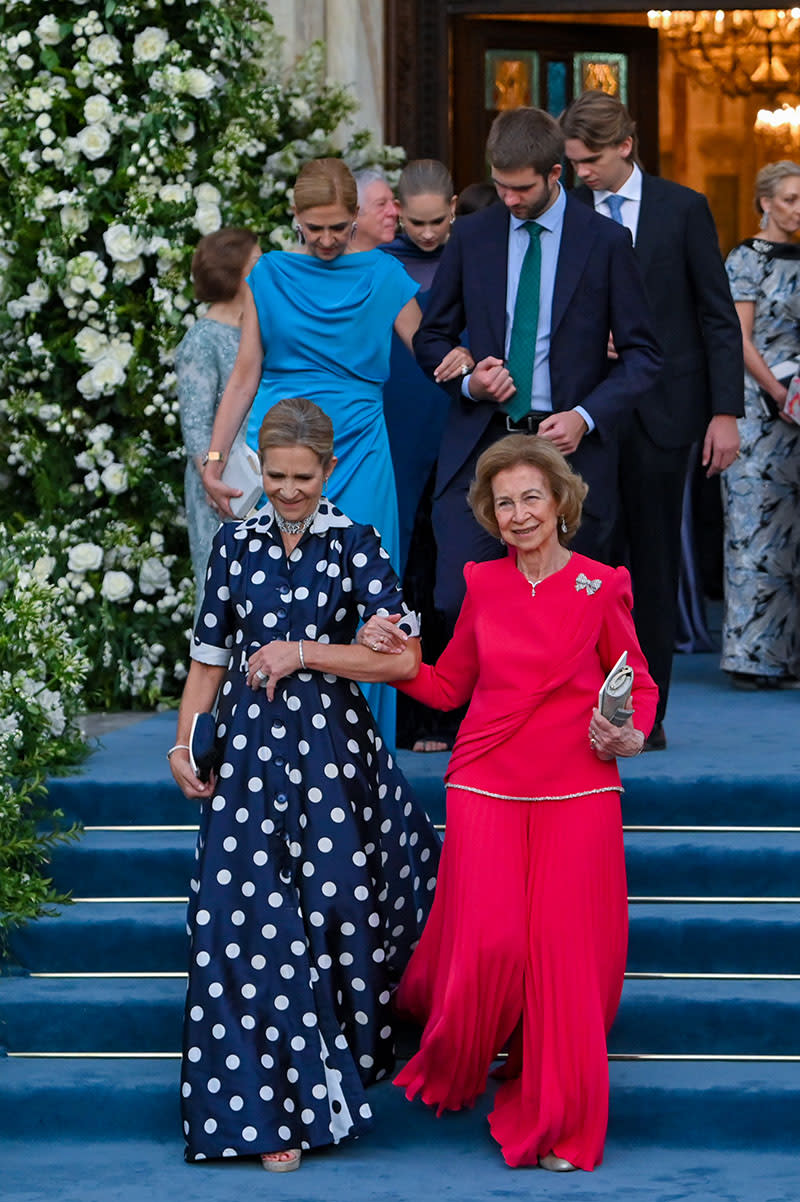 ATHENS, GREECE - SEPTEMBER 28: Infanta Cristina, Juan Urdangarin, Queen Sofia and Infanta Elena leave the Metropolis Greek Orthodox Cathedral where they attended the wedding between Theodora of Greece and Matthew Kumar on September 28, 2024 in Athens, Greece. (Photo by Milos Bicanski/Getty Images)