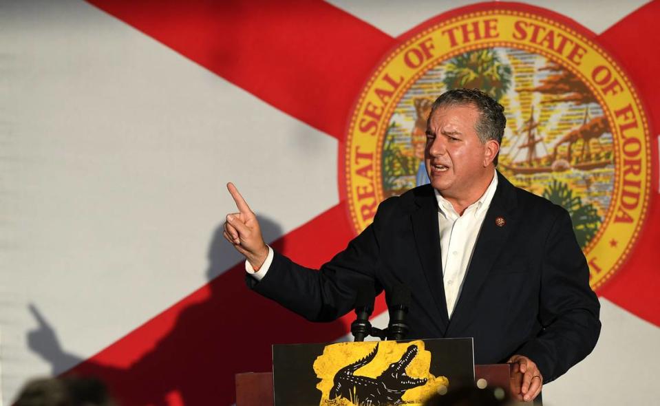 Florida CFO Jimmy Patronis delivers remarks before Governor Ron DeSantis’ took to the stage during his Don’t Tread on Florida Tour in Sarasota November 6 leading up to Tuesday’s midterm election.