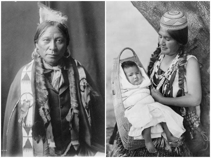 Left: A Jicarilla man poses for a portrait. Right: A Hupa woman looks at her baby, bundled in a traditional carrier.