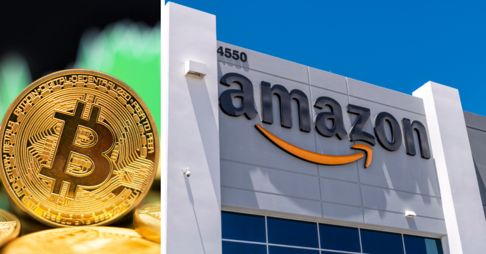 The representation of a Bitcoin with a green chart background and the exterior of an Amazon building.