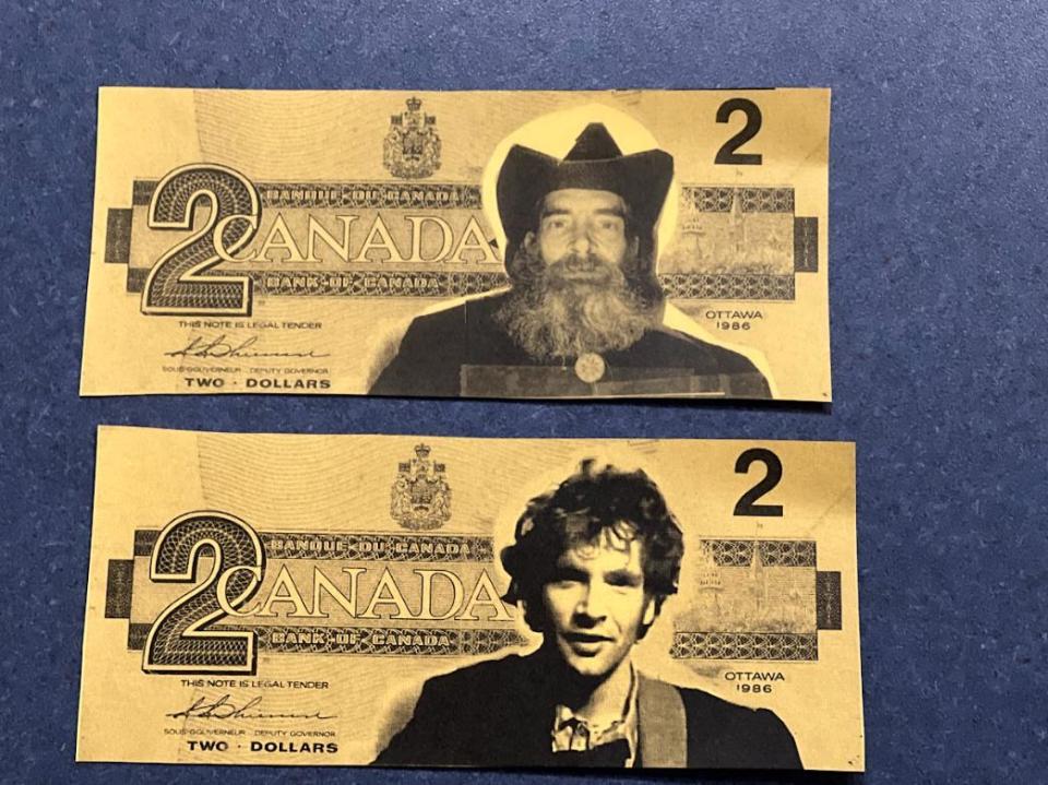 A photo of Bill "$2 Bill" Miles imposed on a designed version of Canada's old two-dollar note. The bottom photo a picture of Miles in the early 2000s before he left for the wilderness. The photo above features an image of Miles more recently. 