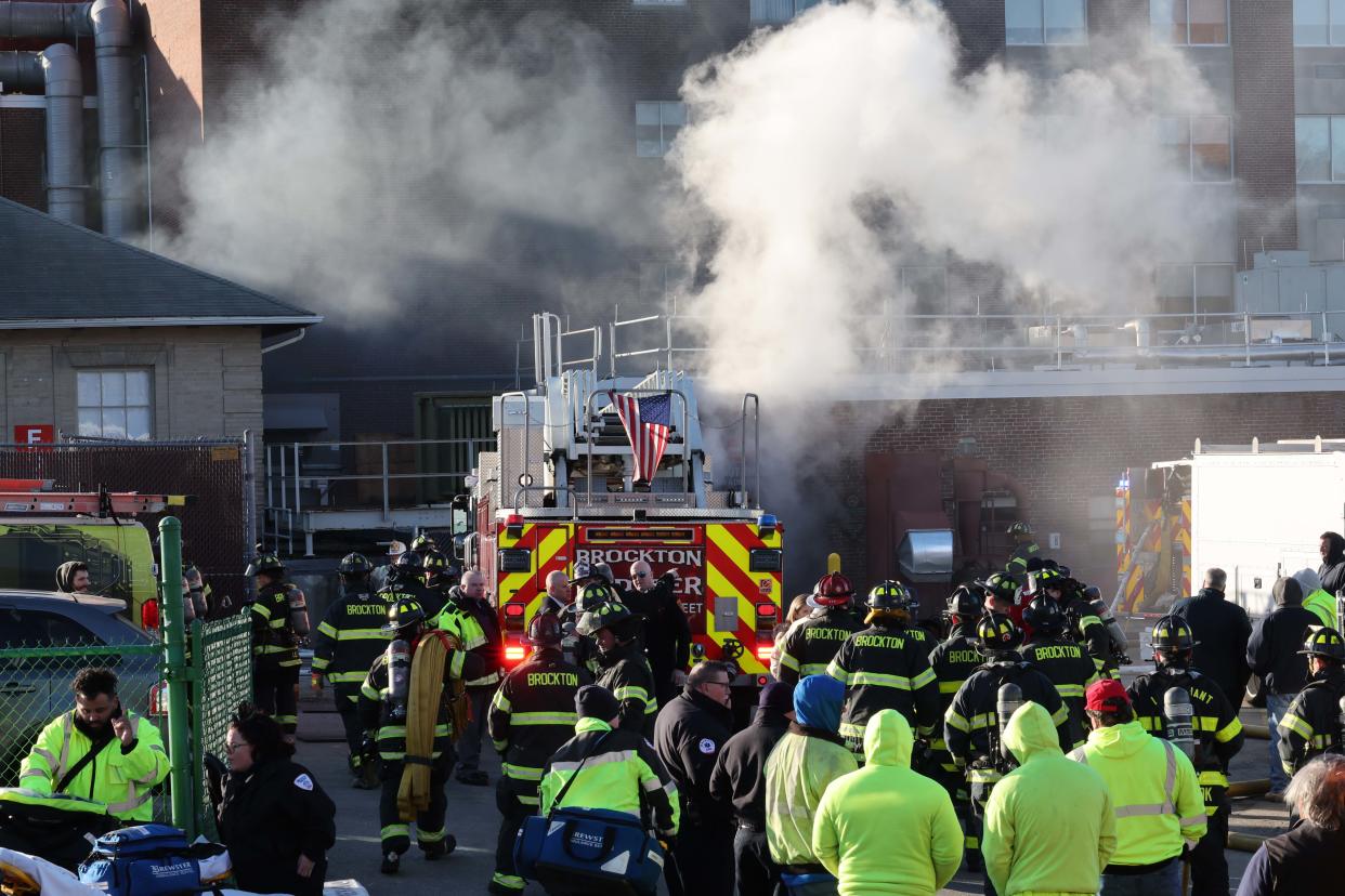 Patients are being evacuated at Signature Healthcare Brockton Hosptial after a transformer fire broke out in the basement of a building on the campus on Tuesday, Feb. 7, 2023.