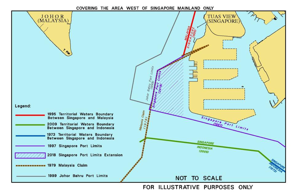 A chart indicating the maritime boundaries between Singapore and Malaysia, and Singapore’s extension of its Port Limits in 2018. (PHOTO: Singapore Ministry of Transport)