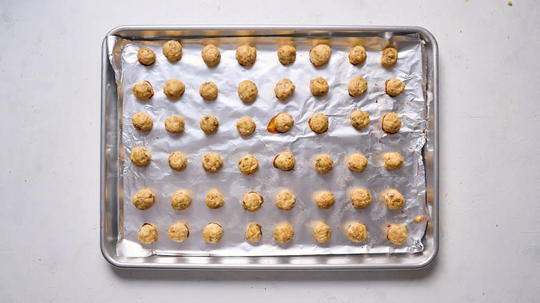 baked meatballs on sheet tray