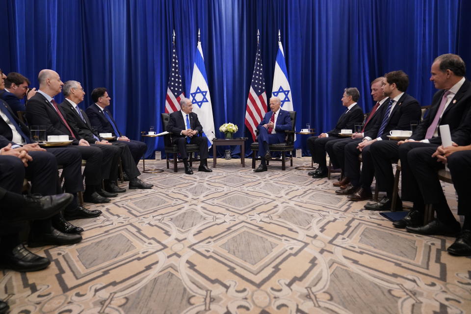 President Joe Biden meets with Israeli Prime Minister Benjamin Netanyahu in New York, Wednesday, Sept. 20, 2023. Biden was in New York to address the 78th United Nations General Assembly. (AP Photo/Susan Walsh)