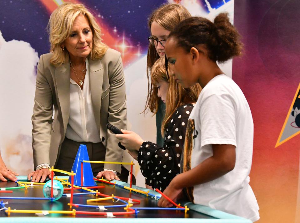 First lady Jill Biden chats with fifth graders Monday at Starbase Academy on Patrick Space Force Base.