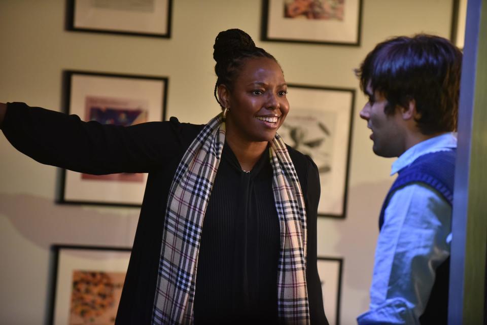 From left: Ashanti Brown as editor Emily Penrose and Chris Naughton as fact-checker Jim Fingal in Savannah Rep's "The Lifespan of a Fact."