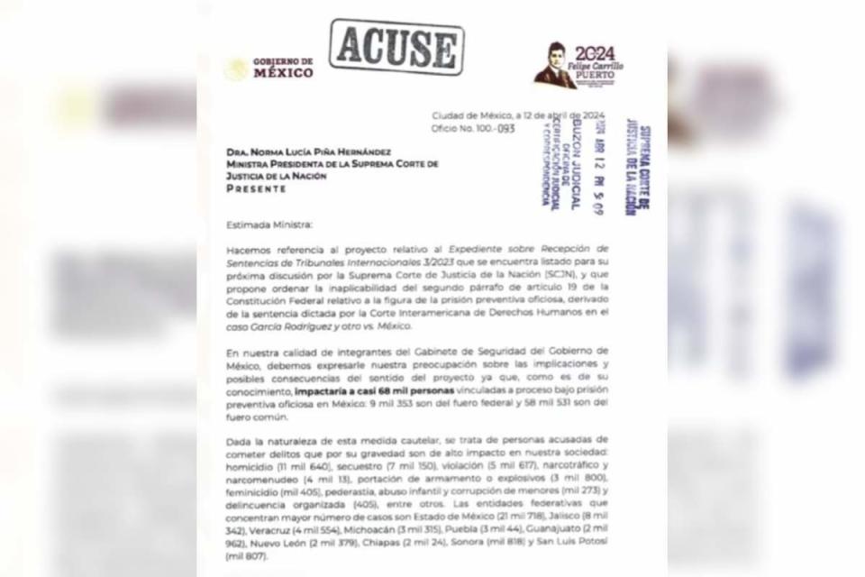 Carta enviada a Suprema Corte sobre preocupaciones relacionadas con la eliminación de la prisión preventiva oficiosa. Foto: Gobernación