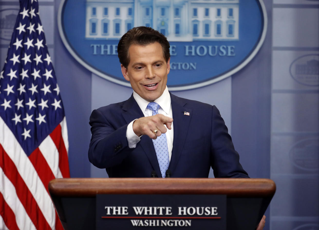 New White House communications director Anthony Scaramucci speaks to members of the media in the Brady Press Briefing room of the White House in Washington, Friday, July 21, 2017. (AP Photo/Pablo Martinez Monsivais)