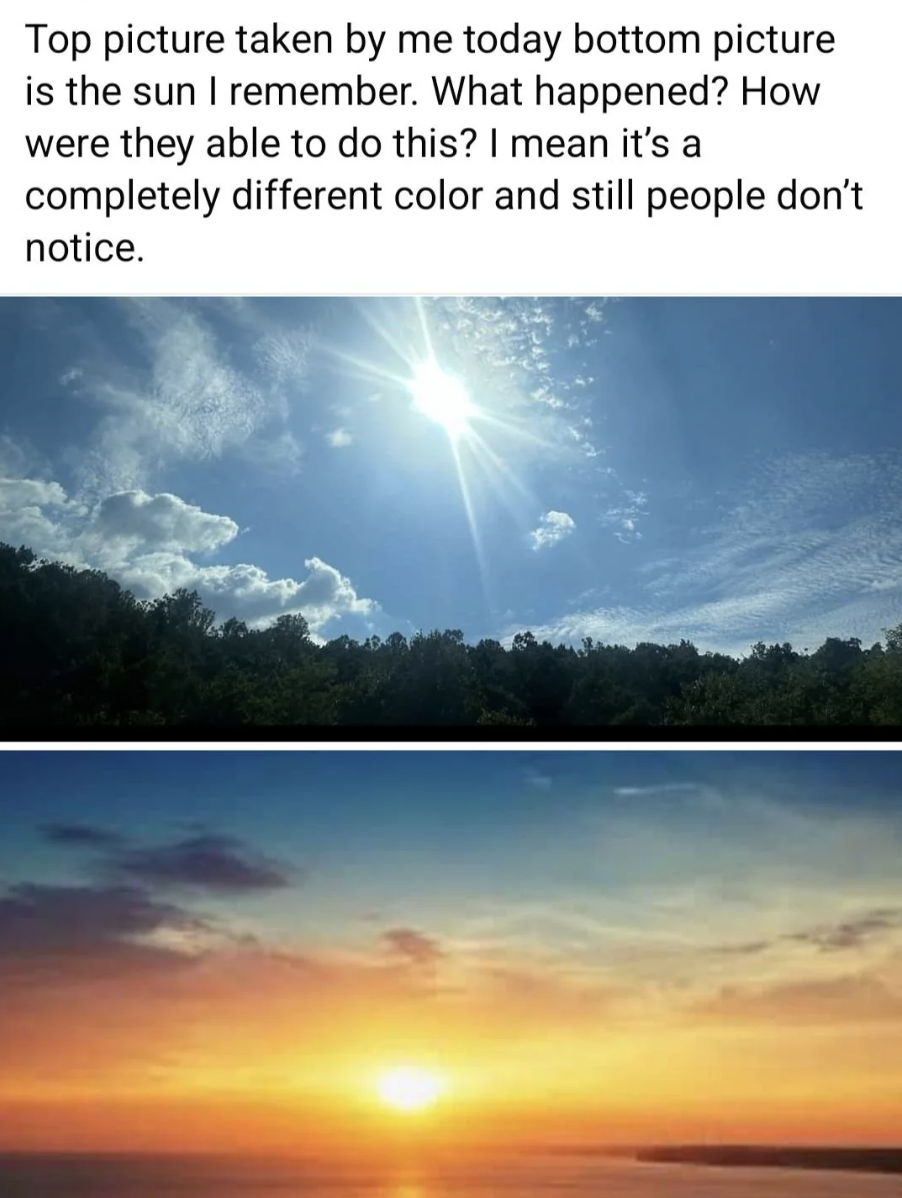 Two sky photos: top photo shows a bright sun in a clear sky; bottom photo shows a sunset. The caption questions how the sun's appearance changes yet goes unnoticed