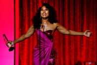 <p>Angela Bassett accepts the Career Achievement Award during the Critics Choice Association's 5th Annual Celebration of Black Cinema & Television at Fairmont Century Plaza on Dec. 5. </p>