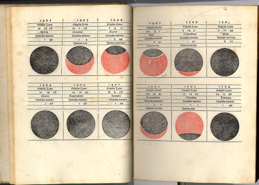 Estas dos páginas del almanaque de Regiomontano describen los eclipses de Sol y Luna. En el extremo derecho inferior está señalado el eclipse de Luna del 29 de febrero de 1504 que utilizó Cristóbal Colón.