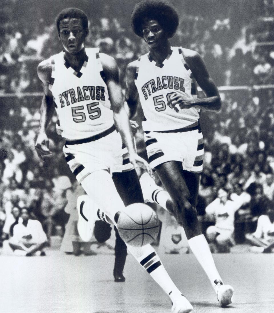 Former Syracuse stars Louis Orr, left, and Roosevelt Bouie (Kendall) led the Orange to a record of 100-18 and four straight NCAA Tournaments from 1976-80.