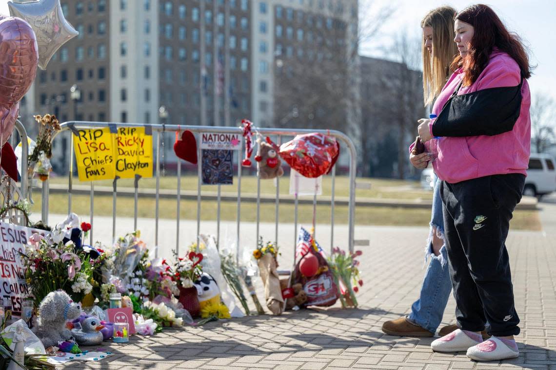 Mireya Nelson, 15, of Belton, Missouri, was shot during the Chiefs Super Bowl Rally last week at Union Station. She stopped by the memorial for the shooting victims in the parking lot of Union Station on Wednesday on her way to a doctor’s appointment at Children’s Mercy Hospital.
